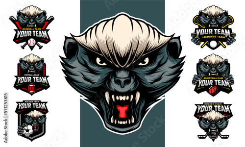 Fotografie, Tablou Honey badger head Mascot Logo with logo set for team football, basketball, lacrosse, baseball, hockey , soccer