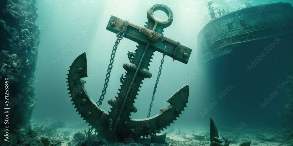 old iron anchor and sunken ship underwater due to shipwreck. generative