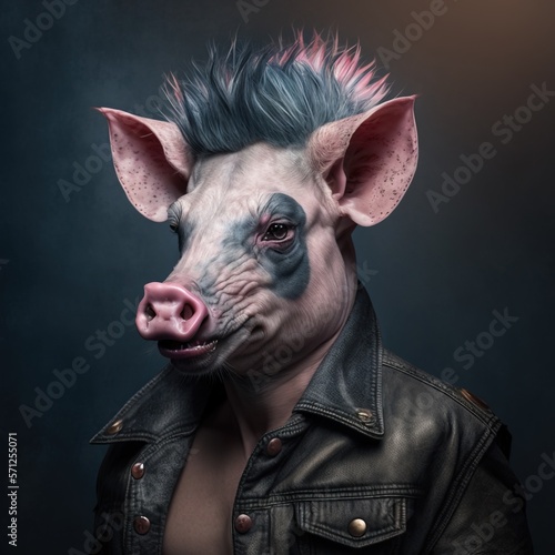 Studio portrait of a pig with stylish hair and cloth. Generative AI