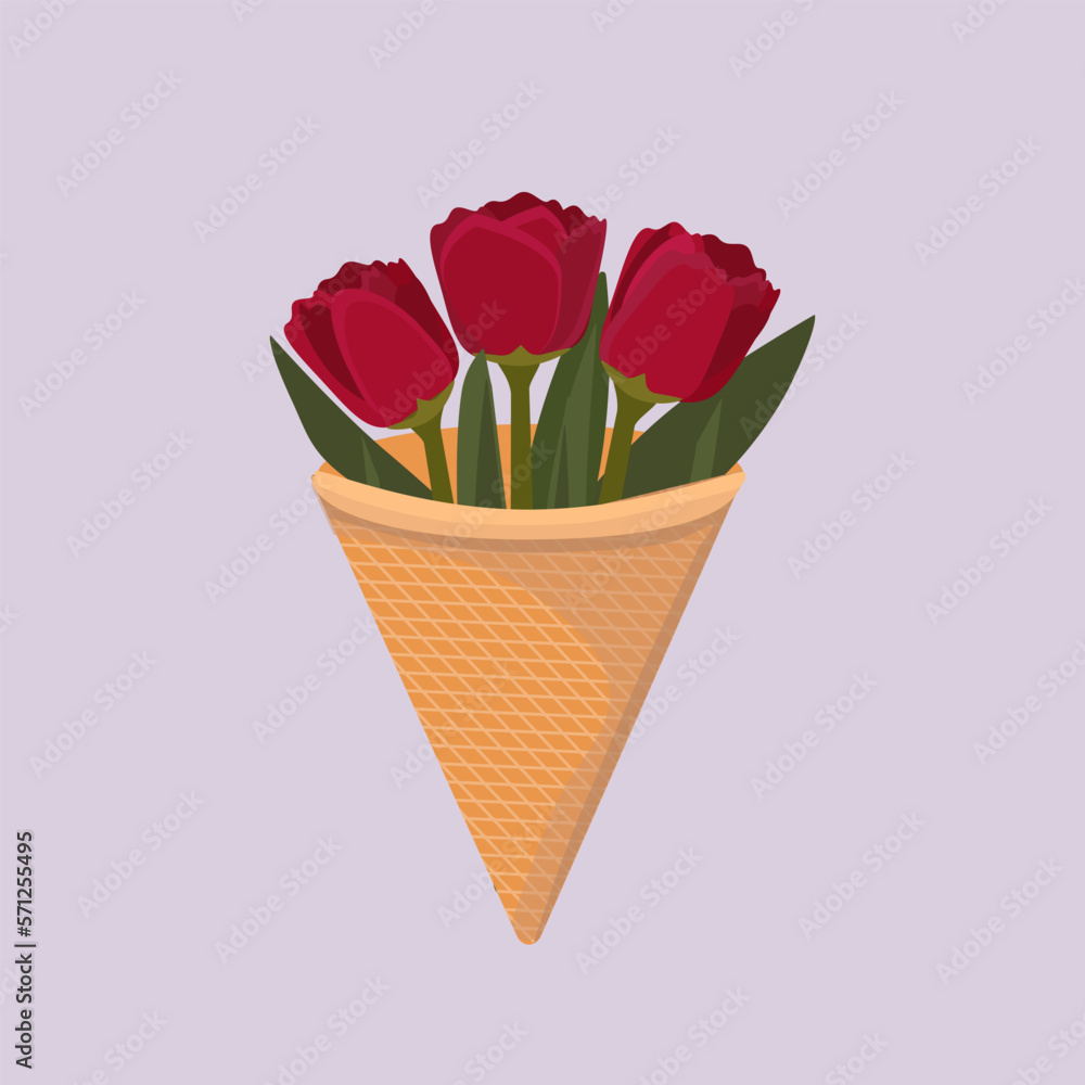 Red tulips in a glass of ice cream. Holiday card, decor, design, gift. Vector drawing