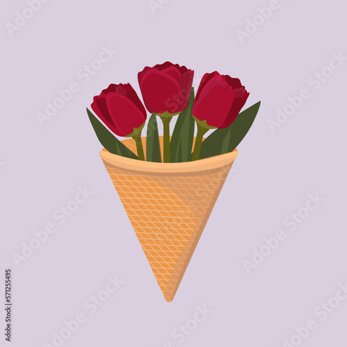 Red tulips in a glass of ice cream. Holiday card, decor, design, gift. Vector drawing