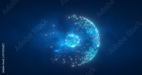Abstract round blue particle sphere glowing energy science futuristic hi-tech background