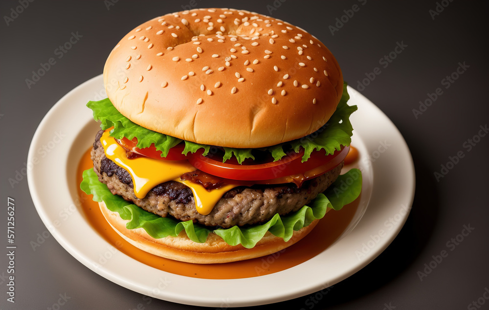 Fresh tasty Big Burger on a plate in the restaurant. Photo of Fat Fast food dinner close up. Generative AI. Fresh tasty Big Burger on a plate in the restaurant. Photo of Fat Fast food dinner close up. Generative AI.