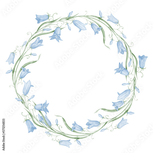 Floral Wreath of Bell Flowers. Hand drawn watercolor round Frame with Bluebells on isolated background. Botanical circular backdrop with wild bellflowers in pastel colors for wedding invitations.
