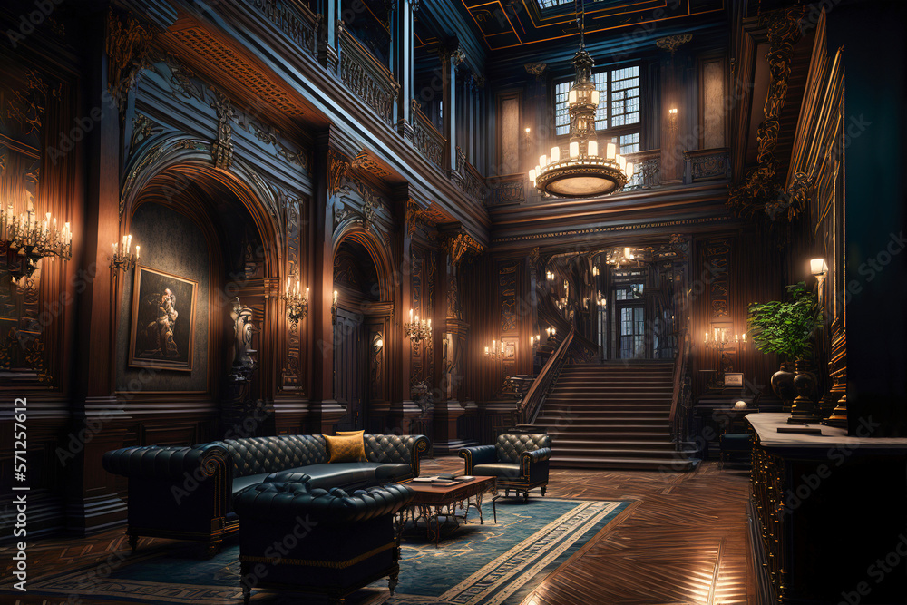 Luxurious classic hotel lobby with antique furniture, Generative AI