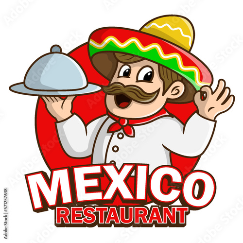 mexico restaurant chef with sombrero hat cartoon character logo illustration for mexico food