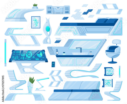 Cartoon spaceship futuristic furniture. Cosmic ship interior gateway, control panel, porthole and futuristic devices flat vector illustration set. Space station indoor collection