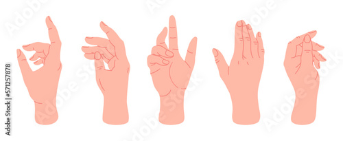Female hand gestures. Cartoon palm with elegant gesture, human hands showing, presenting and pointing flat vector illustration set