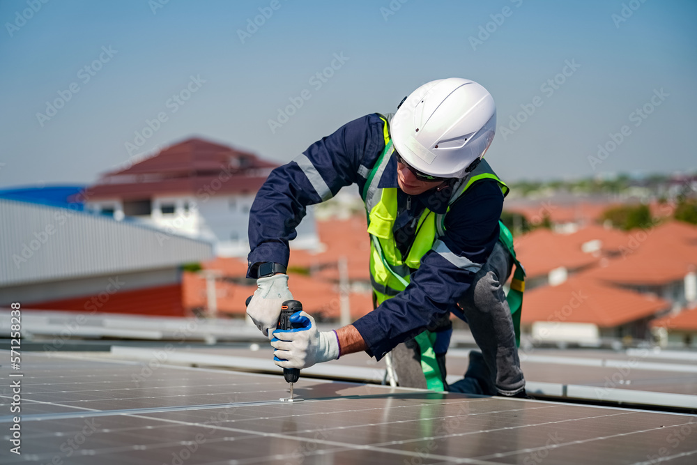 custom made wallpaper toronto digitalTechnology solar cell, Engineer service check installation solar cell on the roof of factory. technician checks the maintenance of the solar panels