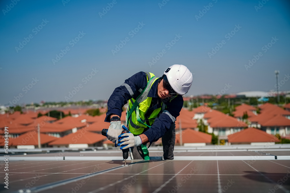 custom made wallpaper toronto digitalTechnology solar cell, Engineer service check installation solar cell on the roof of factory. technician checks the maintenance of the solar panels