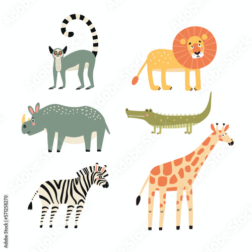 Set of illustrations of African animals in cartoon style  vector illustration.