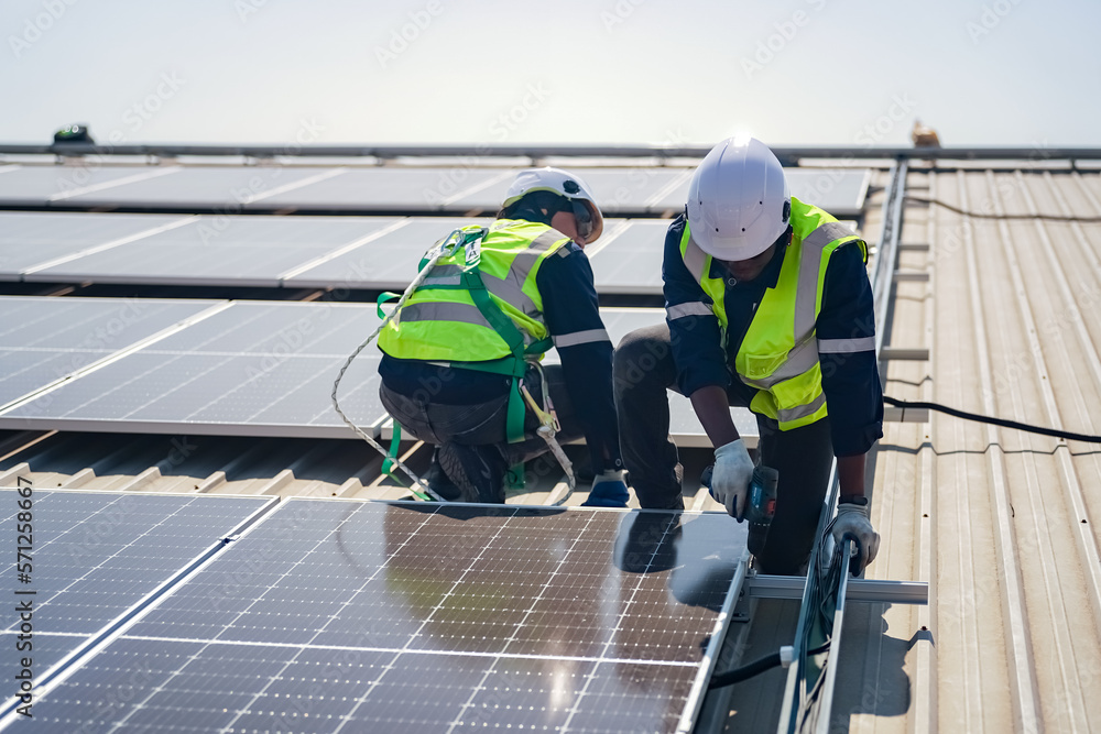 custom made wallpaper toronto digitalMaintenance engineer, Solar energy systems engineer perform analysis solar panels, Engineer service check installation solar cell on the roof of factory.