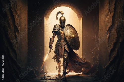 Leinwand Poster Achilles in a beautiful golden armor fighting under
