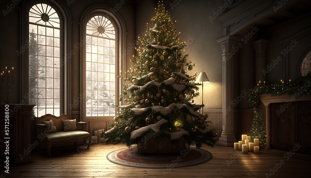 Interior background, Christmas tree, Generative ai