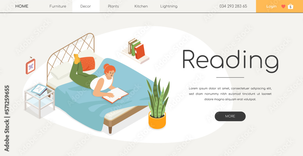 Reading on the bed - modern colored isometric web banner