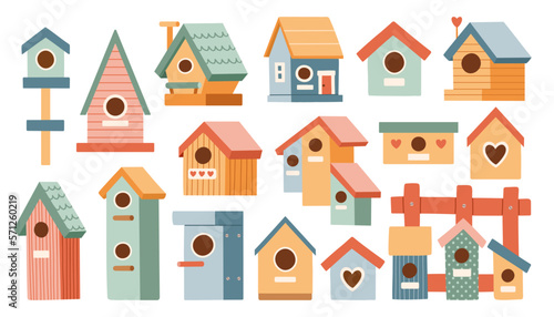 Bird houses set vector illustration. Cartoon cute colorful birdhouses collection, feeder on garden tree