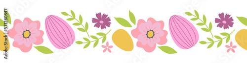 Seamless border with branches, flowers and easter eggs. Template for greeting card, invitation, poster, print