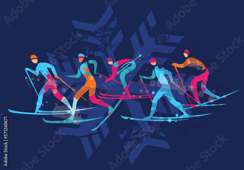 Cross Country Skiers.
A stylized drawing of cross-country ski competitors on blue background with snowflake .Vector available.