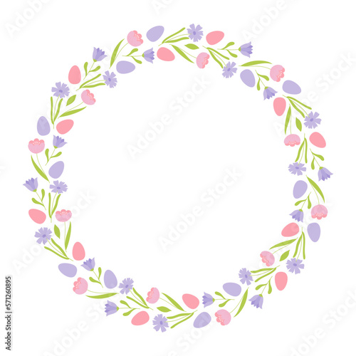 Colorful frame with branches, flowers and easter eggs. Design element for greeting card, invitation, poster, social media.