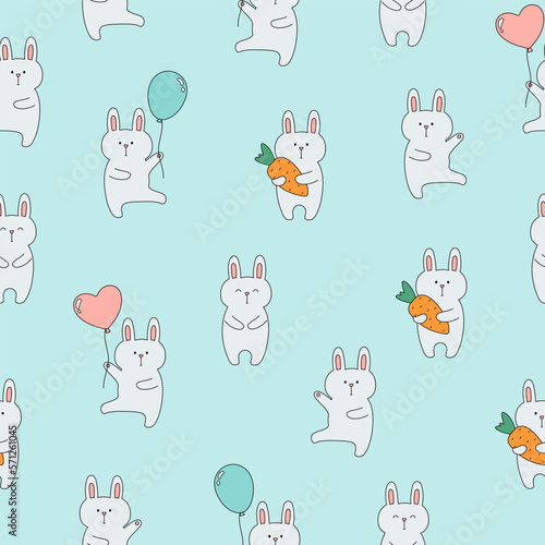 Seamless pattern with cute bunnies with balloons and carrots on blue background. Template for baby design.