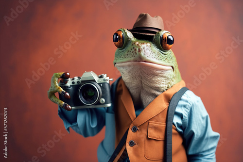 Studio photo portrait of a happy frog in hipster clothes holding a photocamera, Animal Portraiture and Hipster Fashion, created with Generative AI technology photo