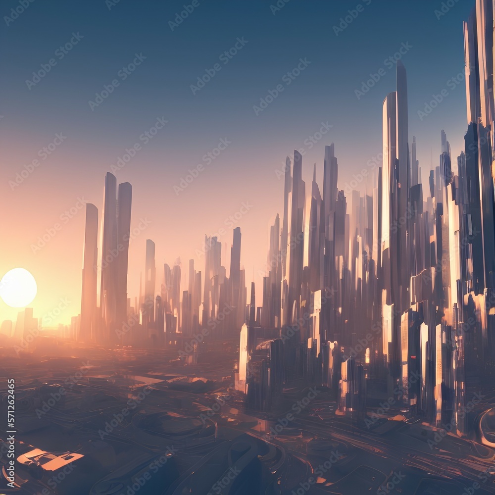 Abstract futuristic future city, beautiful sunset. Urban modern landscape. High-rise buildings. Unreal world. 3D illustration - generative ai