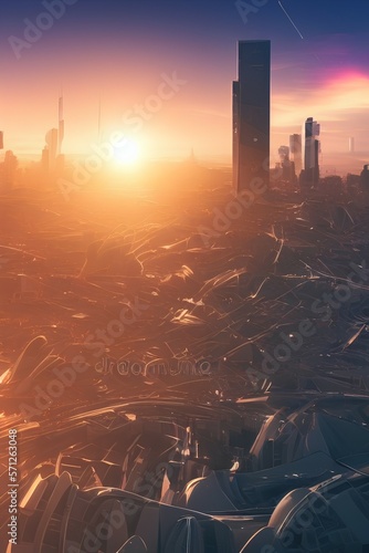 Abstract futuristic future city, beautiful sunset. Urban modern landscape. High-rise buildings. Unreal world. 3D illustration - generative ai