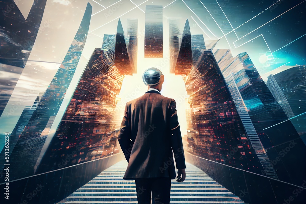 Obraz premium Businessman walking on virtual reality platform to futuristic smart city of opportunity with internet cyber network connection on high building. Sublime image. Generative AI
