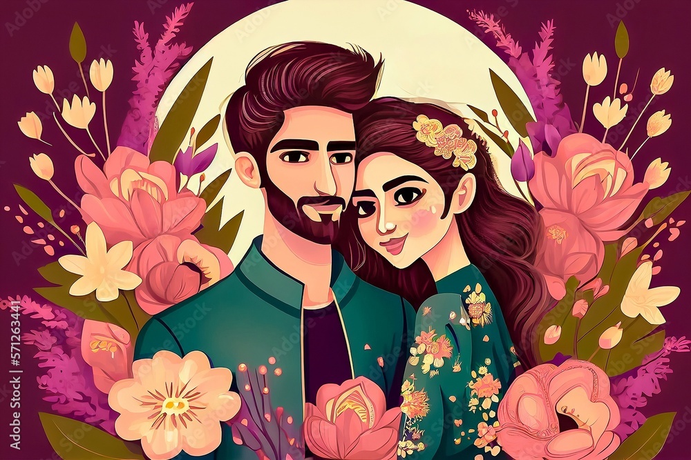 Portrait of a stunning Persian man and woman wearing conventional dresses and celebrating Nowruz, the Persian New Year. Created with Generative Ai
