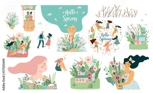 Set of cute illustrations with people and spring nature. Spring, bloom, love, relationship. Vector