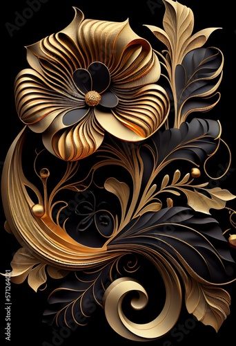 fractal flowers golden and black liquid marble background. Resin geode and abstract art, functional art, like watercolor geode painting. 3d wallpaper for wall frames.