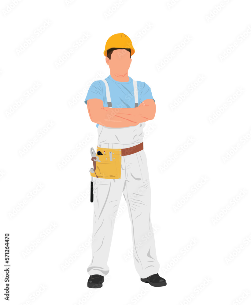 Contractor, Construction Worker, Handyman In Overall And Tool Belt Holding Drill, Repair Craftsman Illustration Contractor, Construction Worker, Handyman In Overall And Tool Belt Holding Drill, Repair Craftsman Illustration