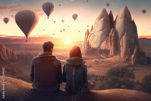 Couple watching hot air balloon landscape in capadoccia 