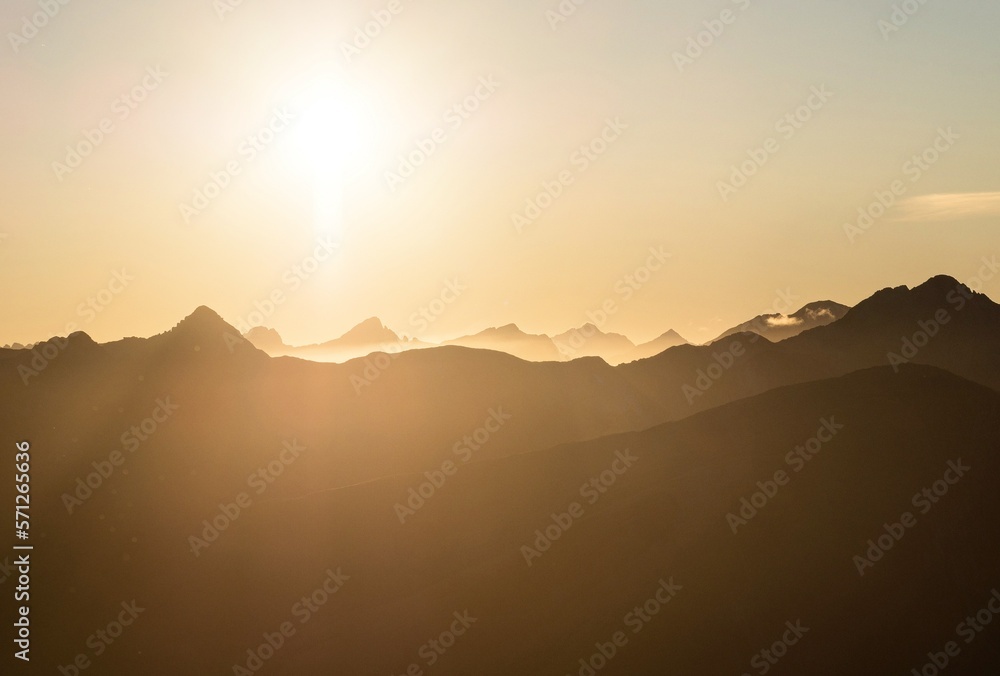 Alpine sunset mountain layers nature landscape panorama from Brewster Hut West Coast Otago Southern Alps New Zealand