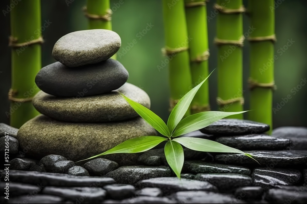 Obraz premium SPA stones in bamboo garden. Zen meditation concept with smooth pebbles stack and bamboo leaves and steam. Generative AI
