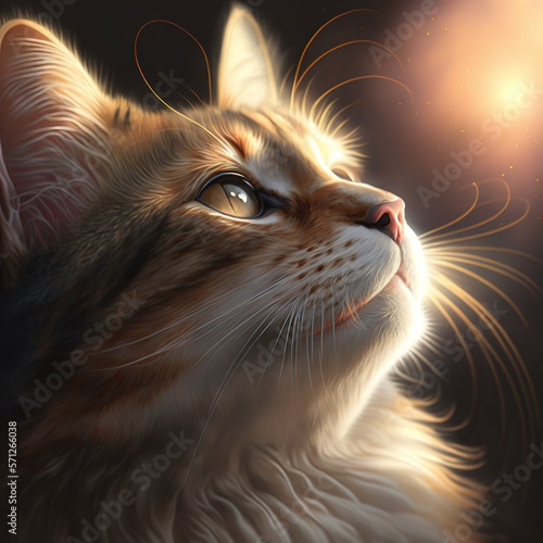 Portrait of cute siberian cat with green eyes at soft light source. Soft fluffy purebred straight-eared long hair kitty. Generative AI