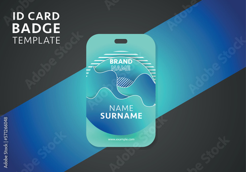 Blue badge template with flowing liquid shapes, amoeba forms. Abstract dynamic gradient graphic elements in modern style. 