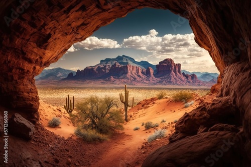 Arizona Sonoran Desert and mountain near Phoenix, landscape view from the cave. Wild nature panorama. Generative AI © Iaroslav Lazunov