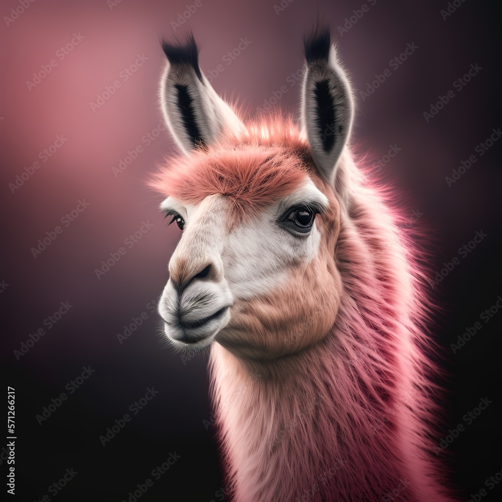 Pink llama close up portrait. Llama alpaca detailed rose head isolated on dark background. Modern concept. Generative AI