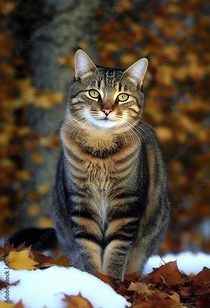 Cute siberian cat in autumn park. Full body kitten portrait outdoor. photo realistic pet portrait. Generative AI Cute siberian cat in autumn park. Full body kitten portrait outdoor. photo realistic pet portrait. Generative AI