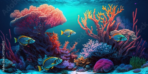 Ocean coral reef underwater. Sea world background with colorful tropical fishes, seaweeds and sea sponge. Generative AI