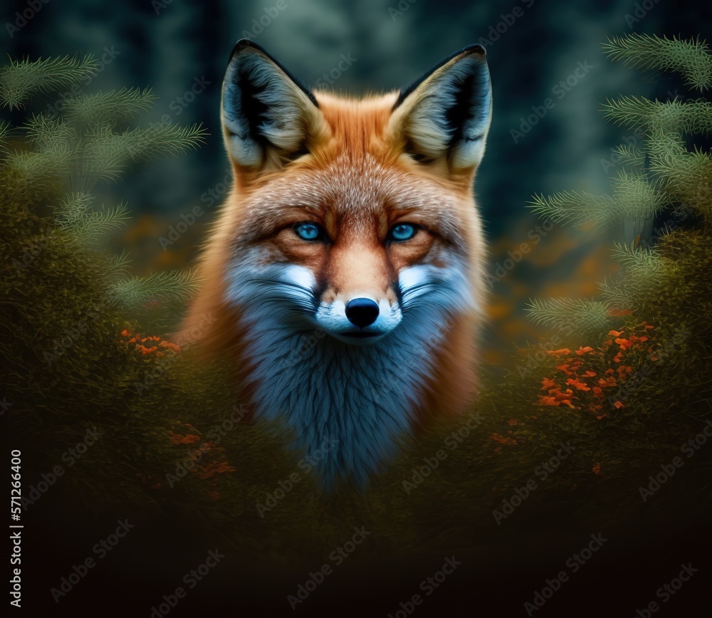 Red Fox in summer forest. Ginger fox among trees Generative AI