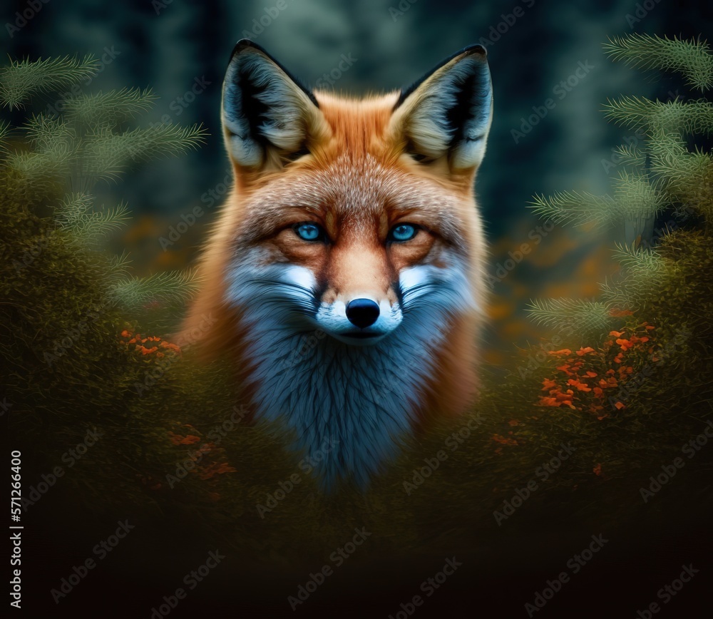 Obraz premium Red Fox in summer forest. Ginger fox among trees Generative AI