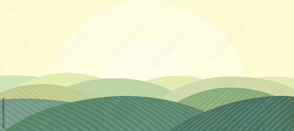 Fototapeta premium Summer hilly landscape, with the sunrise over the agriculture hills. Vector illustration.