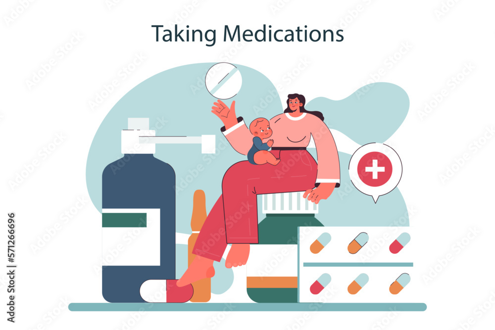 Taking medications during lactacion. Woman breastfeeding an infant