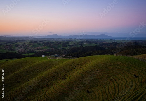 Rural countryside rolling hills nature landscape panorama at Brynderwyns Scenic Lookout in Waipu Northland New Zealand