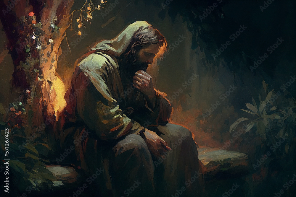 Jesus Christ praying before His crucifixion oil painting. Conceptual Christian art Jesus Christ praying before His crucifixion oil painting. Conceptual Christian art