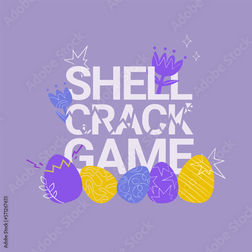 A number of  decorated hard-boiled easter eggs and flowers and lettering of  easter egg cracking game. Concept for eggs tapping easter tradition.