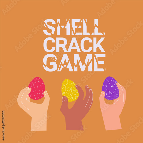A number of people's hands of different race and skin color holding decorated hard-boiled easter eggs to participate in easter egg cracking game. Concept for eggs tapping easter tradition.