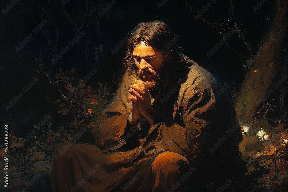Christ praying in the garden of Gethsemane oil painting style. Conceptual Christian art